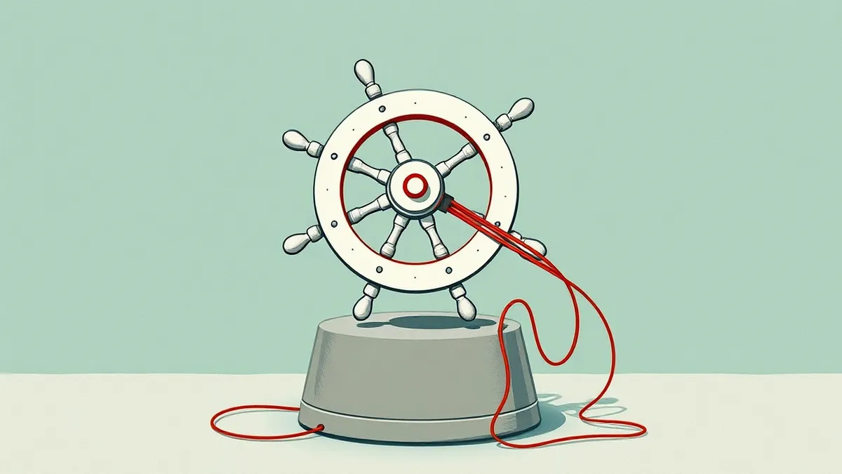 Illustration: A stylized white ship’s wheel spins loosely on a smooth gray pedestal, its spokes misaligned and failing to lock into place.