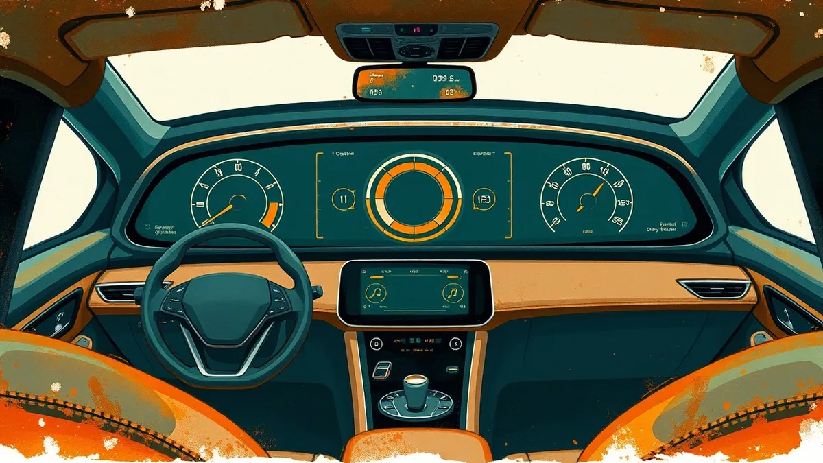 Illustration: A modern car dashboard features a large curved screen displaying abstract circular dials that mimic vintage analog gauges.
