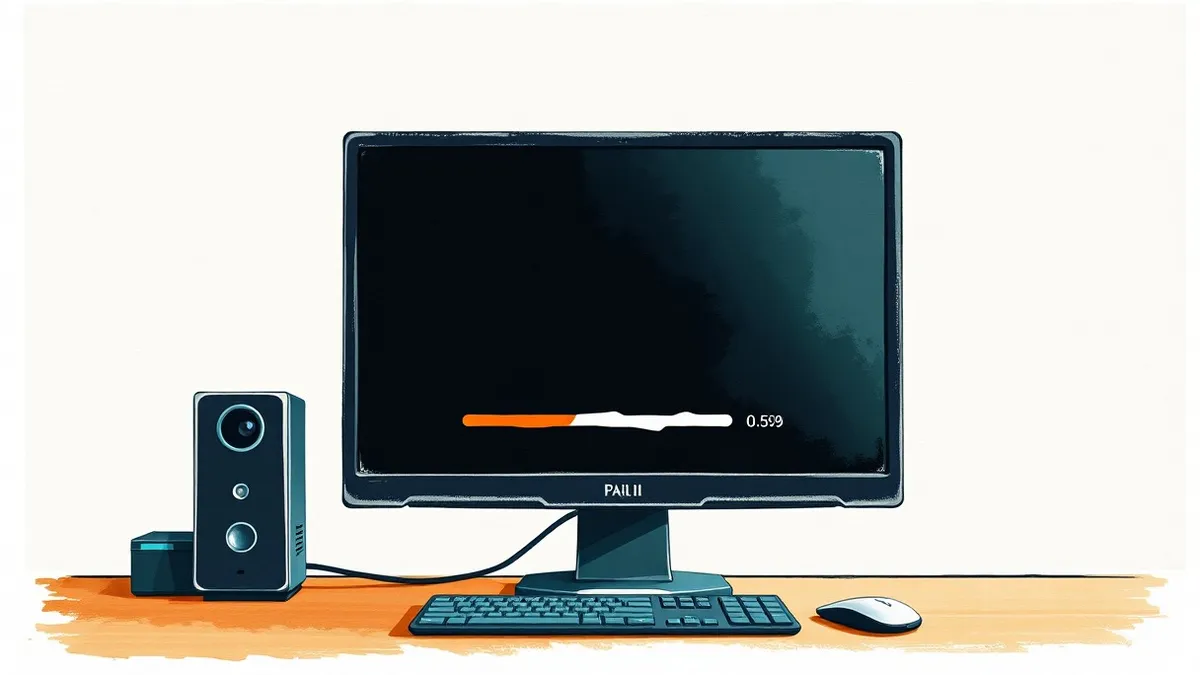 Illustration: A black installation utility window sits on a glowing monitor displaying a progress bar at the bottom.