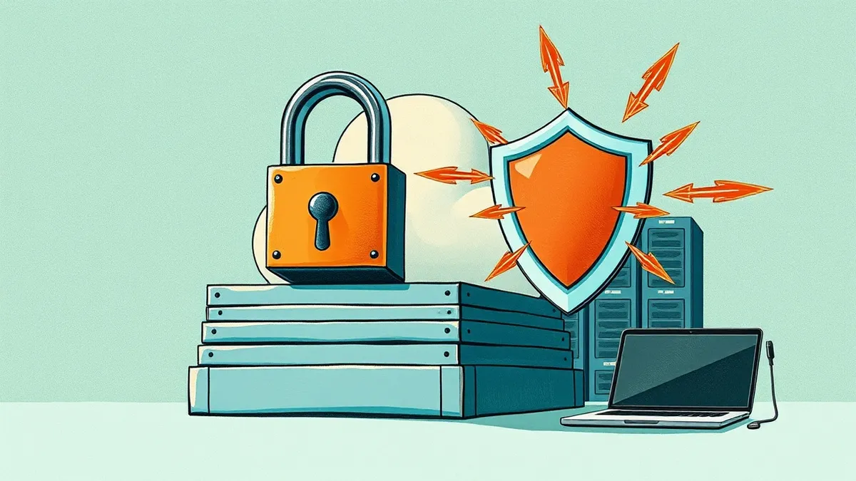 Illustration: A sturdy steel lock secures a foundational cloud platform architecture while a translucent shield deflects incoming attack arrows around active server nodes.