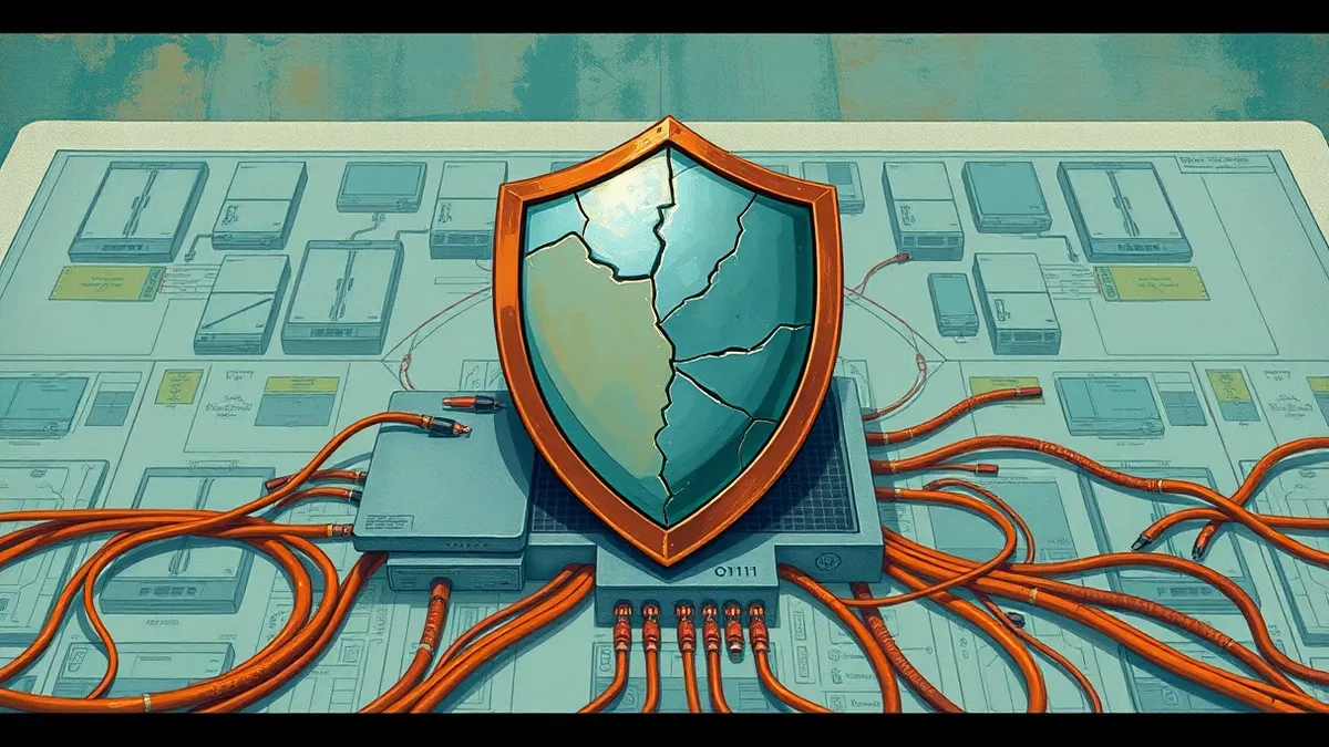 Illustration: A single cracked shield rests on a detailed blueprint of a complex network infrastructure.