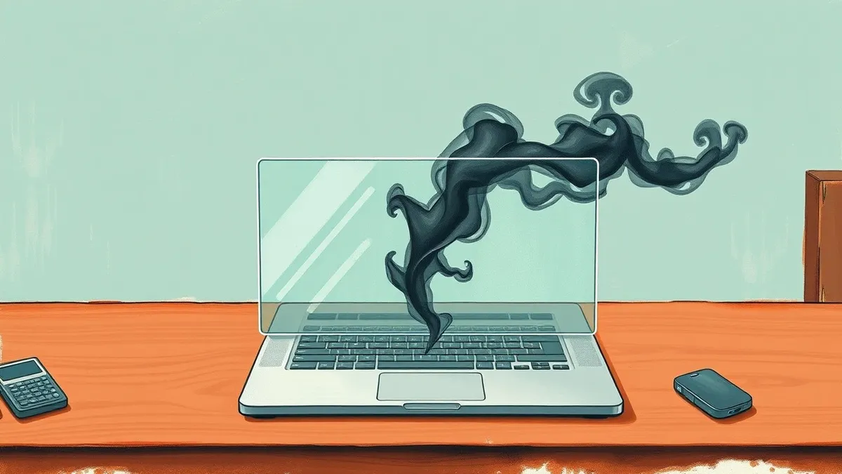 Illustration: A transparent glass barrier rises from a wooden desk surface, intercepting a stream of jagged, dark smoke shapes before they can reach a sleek silver laptop.