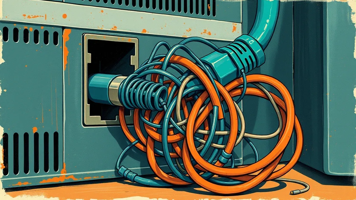 Illustration: A network cable plugs into a server port while a cluster of tangled, dormant wires coils tightly around the connector, blocking the opening and suffocating the flow o