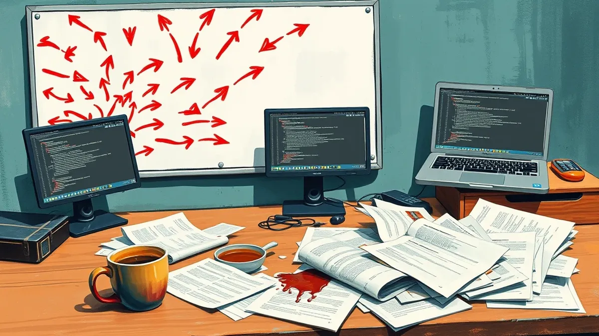Illustration: A whiteboard covered in chaotic red arrows points toward three open laptop screens displaying blank code editors, while a scattered stack of printed PHP manual pages