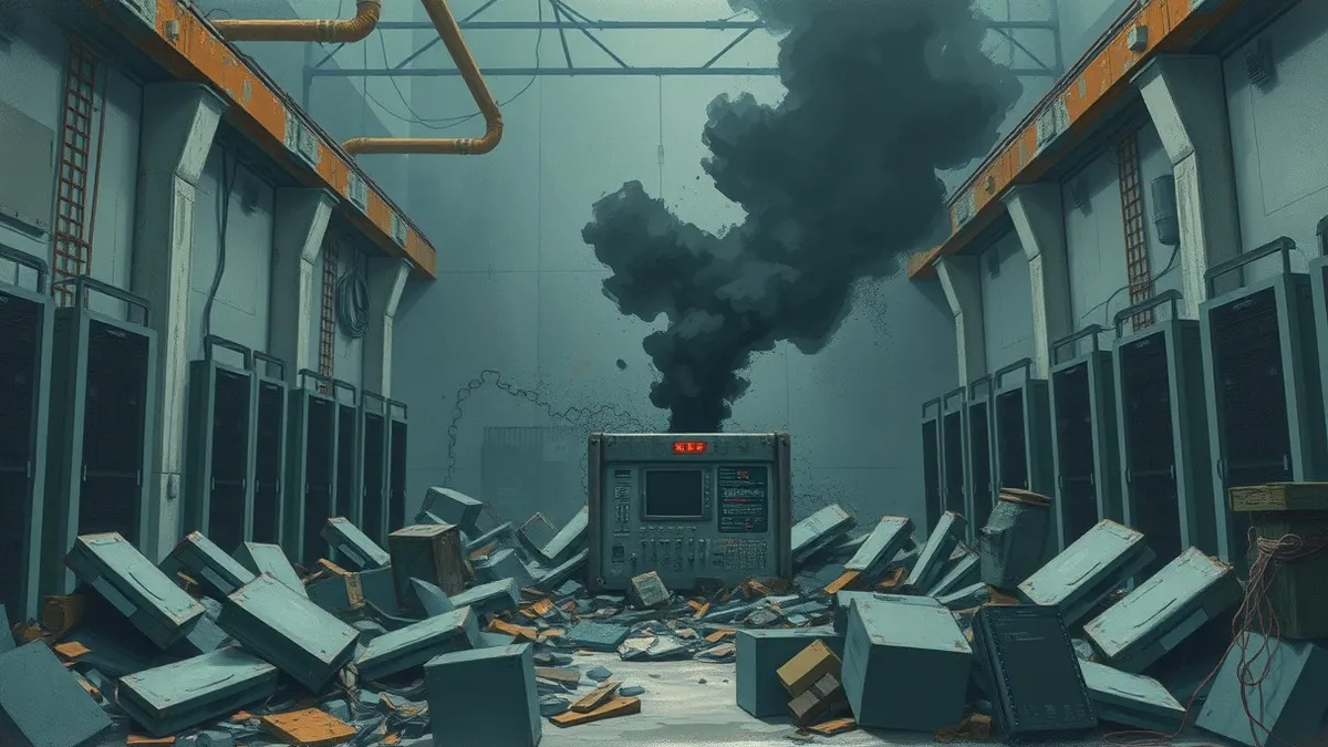 Illustration: A large, grey industrial server room sits in chaotic disarray with twisted metal beams and shattered concrete walls.