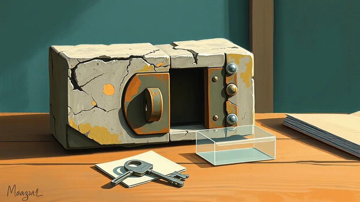 Illustration: A large stone lock sits open on a wooden table next to two distinct metal keys.