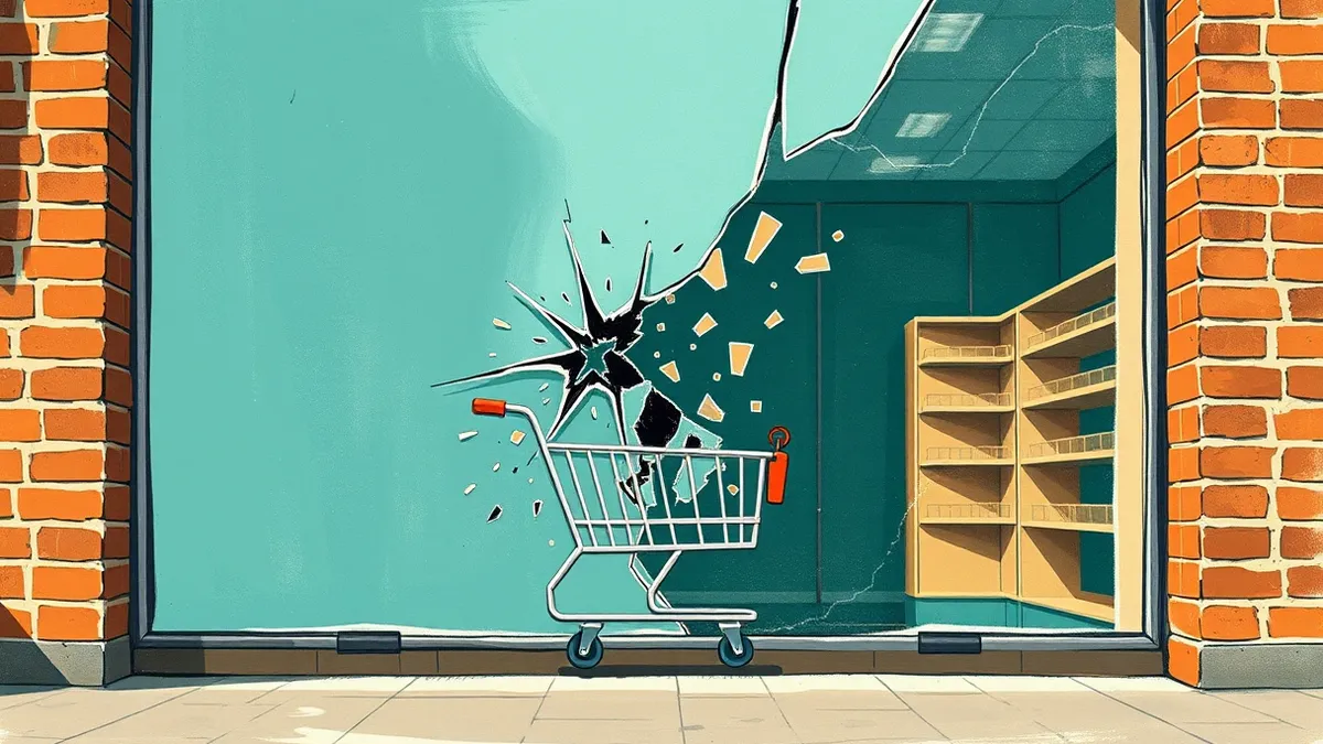 Illustration: A cracked shopping cart icon bleeds jagged digital shards into a blank storefront window.