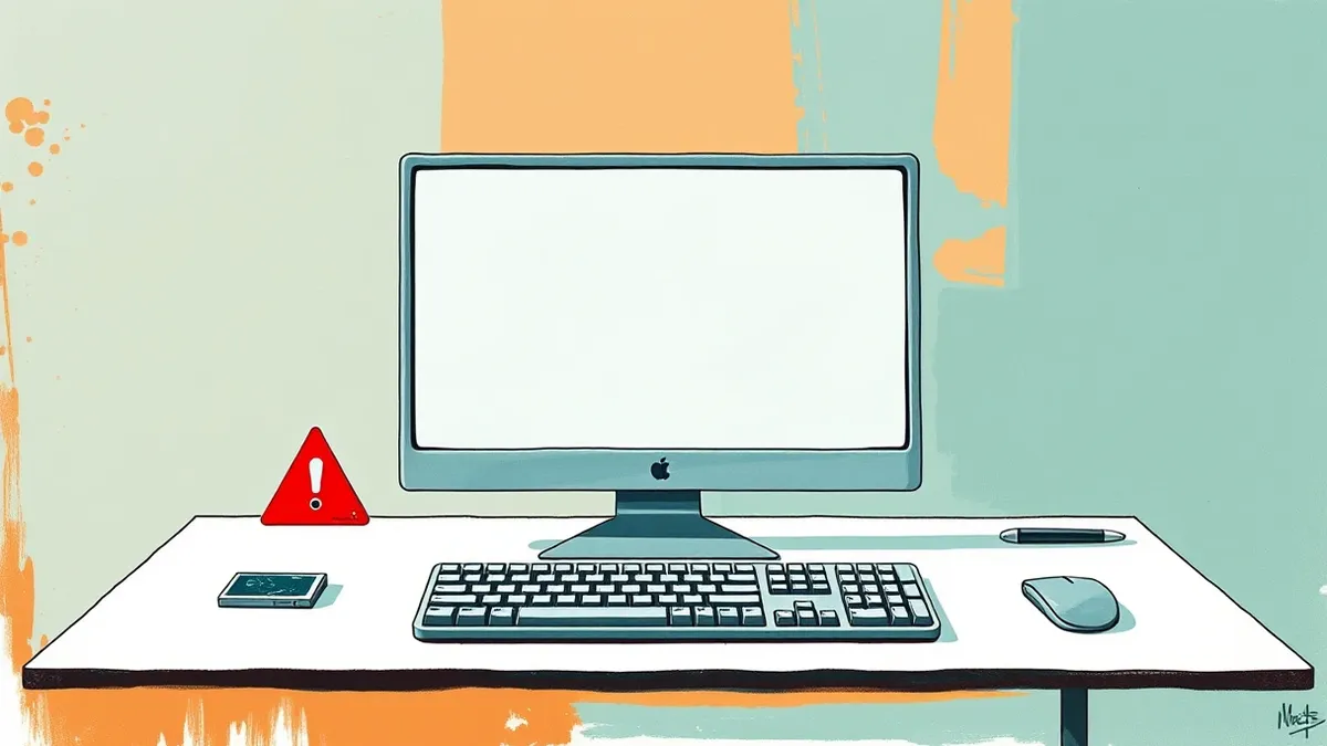 Illustration: A sleek silver desktop computer sits on a clean white desk, its monitor displaying a single blank window with a subtle upward arrow graphic.