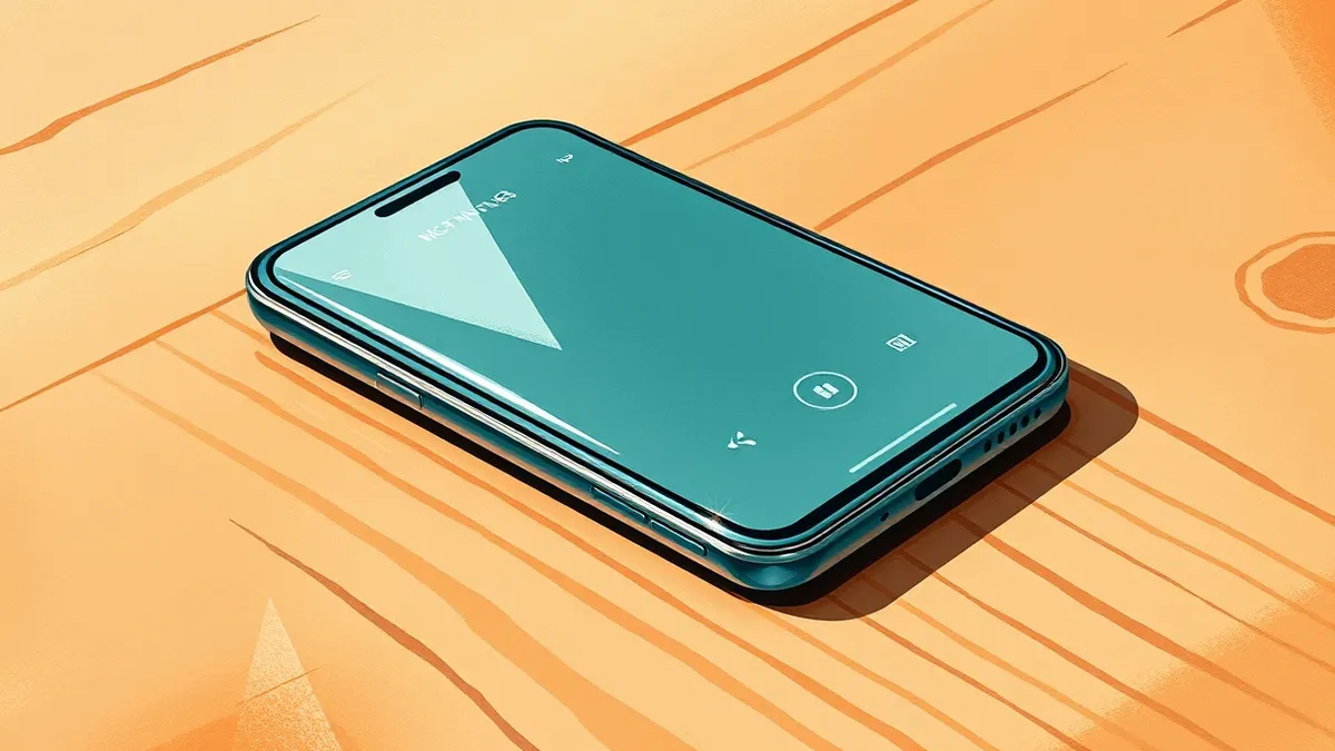Illustration: A sleek smartphone rests on a wooden table.