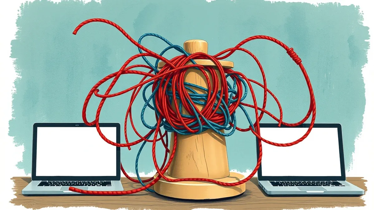 Illustration: A tangled knot of red and blue threads wraps tightly around a simple wooden spool, illustrating how untrusted data becomes executable code before defenses can inspect