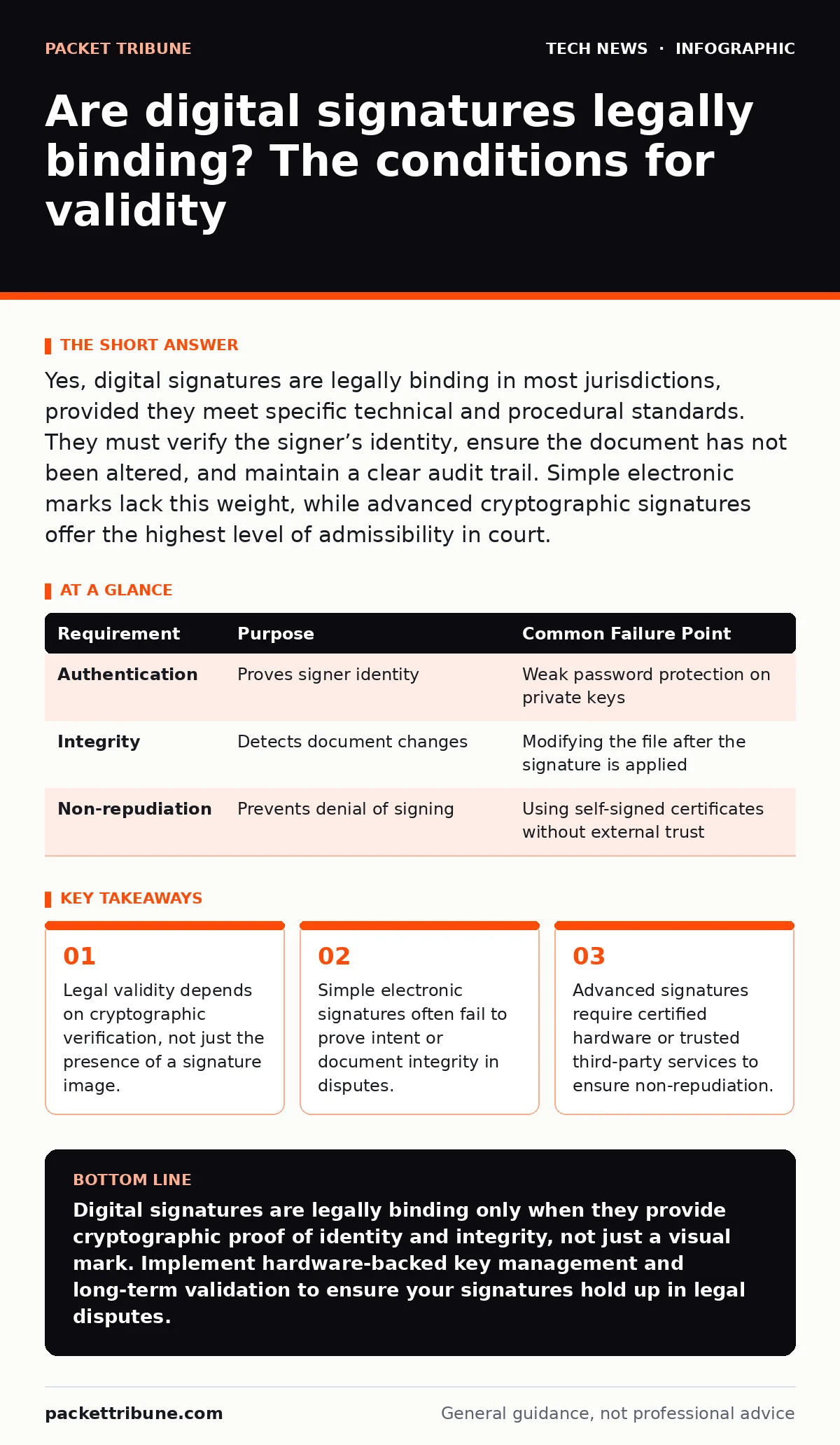 Infographic: Are digital signatures legally binding? The conditions for validity. Legal validity depends on cryptographic verification, not just the presence of a signature image. Simple electronic signatures often fail to prove intent or document integrity in disputes. Advanced signatures require c
