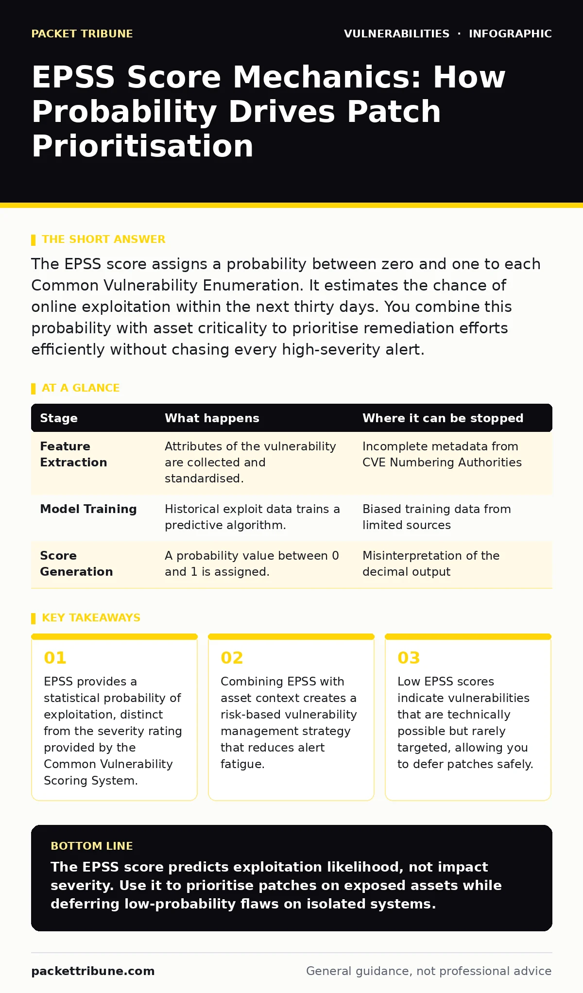 Infographic: EPSS Score Mechanics: How Probability Drives Patch Prioritisation. EPSS provides a statistical probability of exploitation, distinct from the severity rating provided by the Common Vulnerability Scoring System. Combining EPSS with asset context creates a risk-based vulnerability managem
