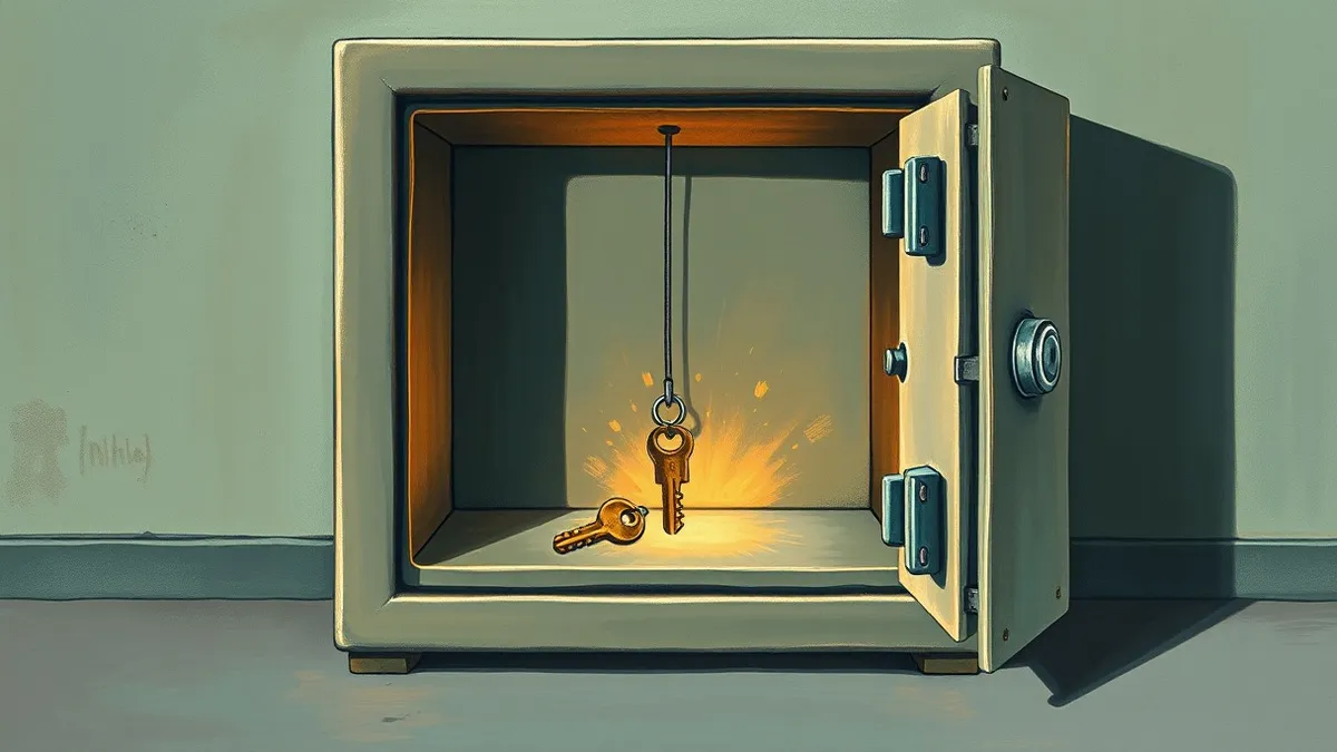 Illustration: A sealed metal safe sits open on a concrete floor, its interior empty except for a single, glowing key resting loosely on the bottom shelf.