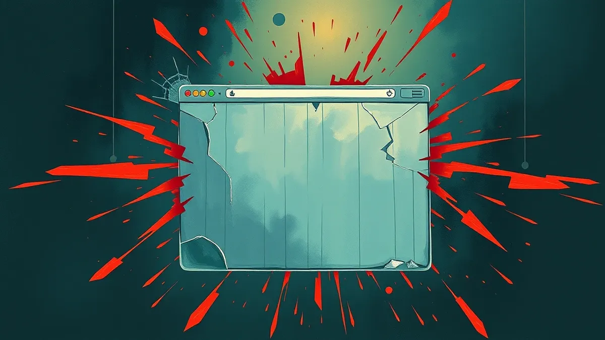 Illustration: A blank browser window floats in the center of a dark, chaotic void.