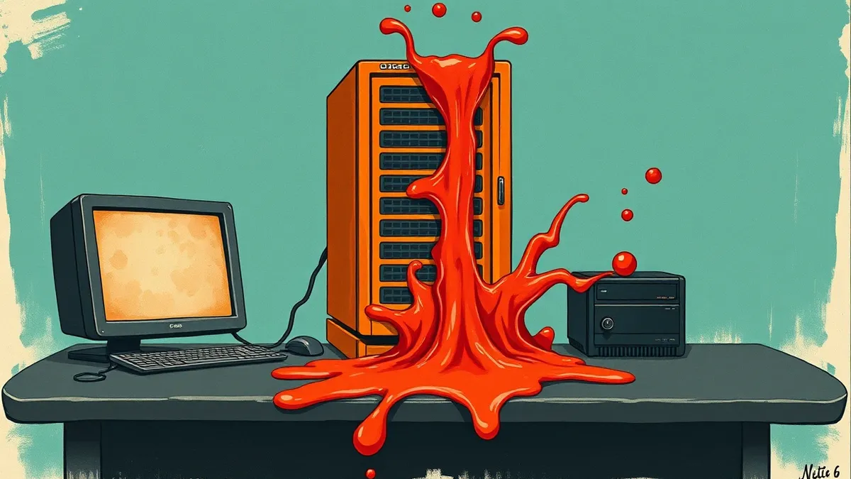 Illustration: A glowing orange database server sits on a dark desk while chaotic red liquid spills from its side panel, overflowing onto the floor and pooling around the base to sh