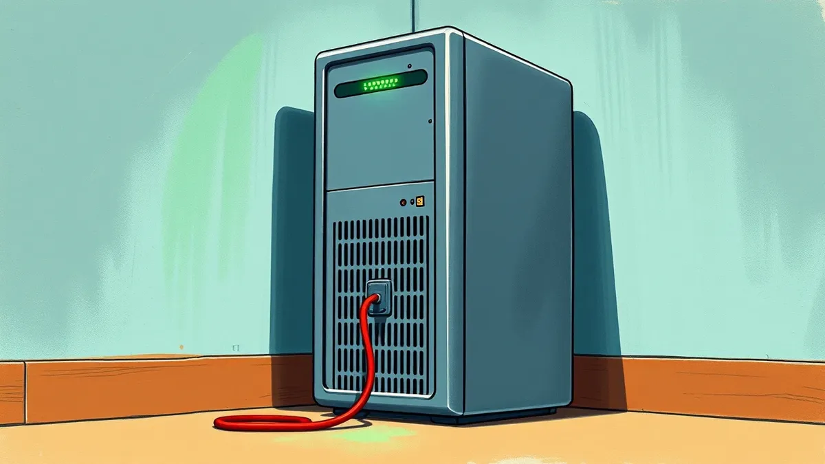 Illustration: A sleek silver server tower sits in a quiet office corner, its front panel glowing with a steady green status light.