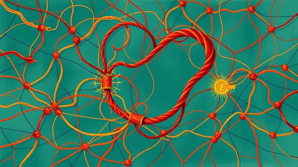 Illustration: A tangled web of colored threads represents data packets twisting through a digital maze.
