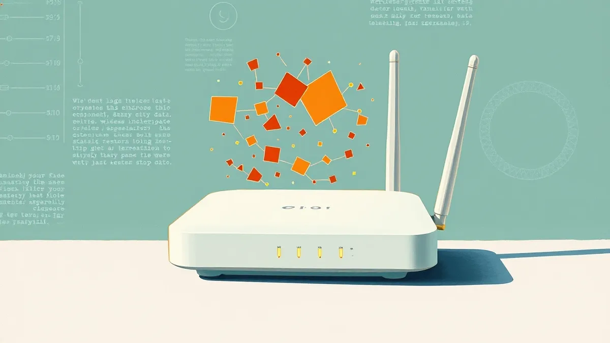 Illustration: A white desktop wireless router sits on a plain surface with an antenna extended.