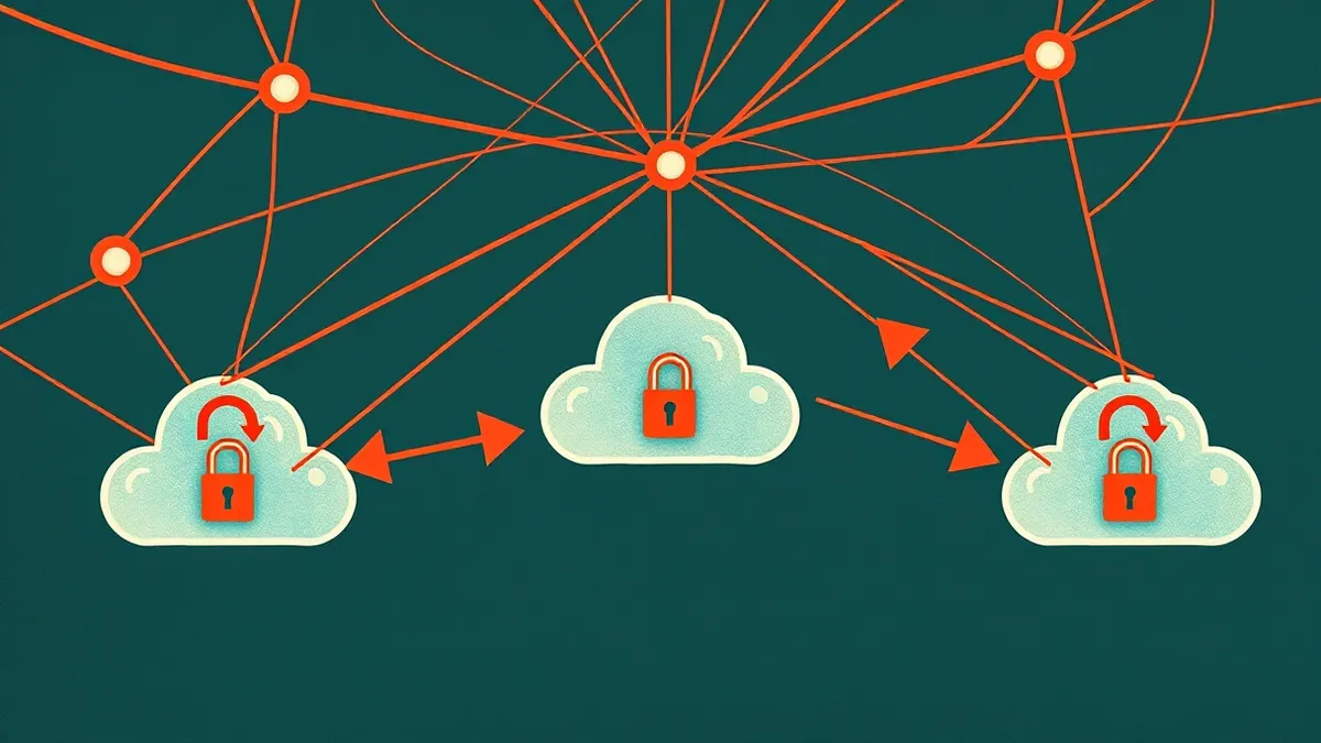 Illustration: A tangled web of translucent red lines connects three floating geometric shapes representing cloud accounts.