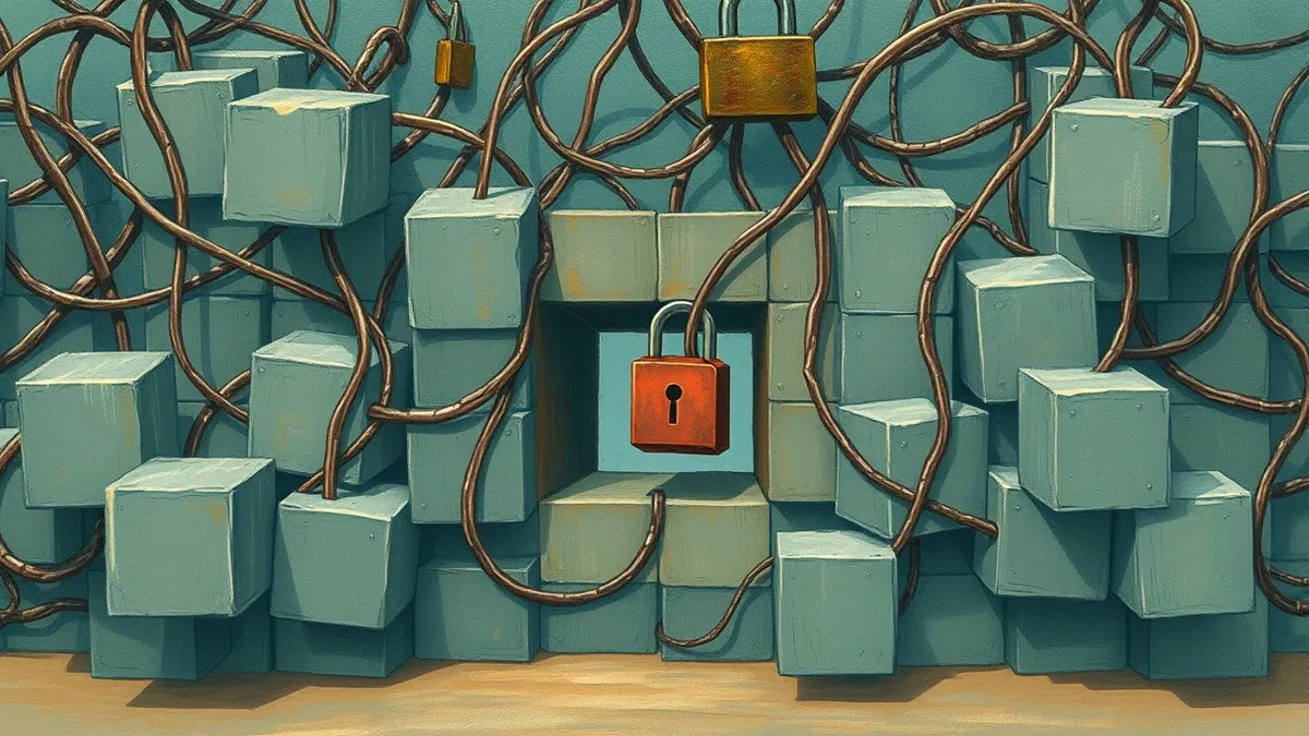 Illustration: A tangled web of interconnected gray blocks forms a large structure, with one small loose block slipping through a gap in the main framework.