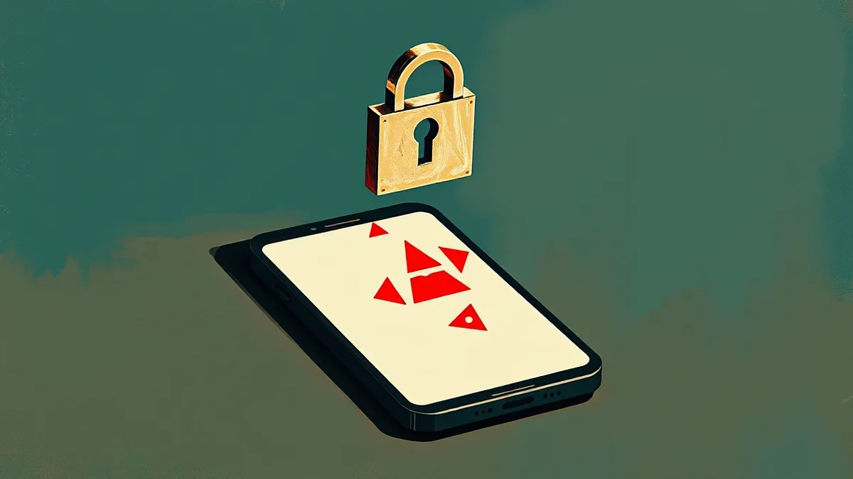 Illustration: A sleek black smartphone rests on a dark surface with its screen displaying abstract red warning shapes.