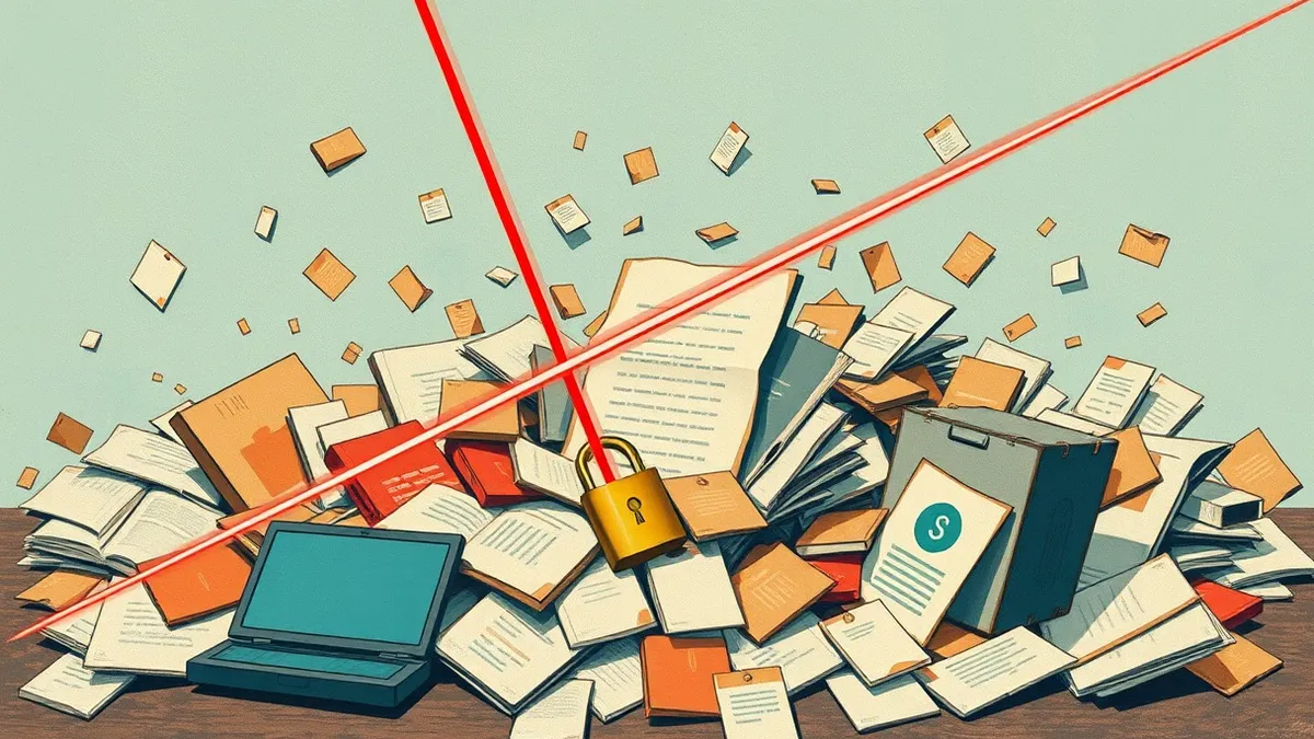 Illustration: A tight red laser beam slices through a chaotic pile of scattered digital files.