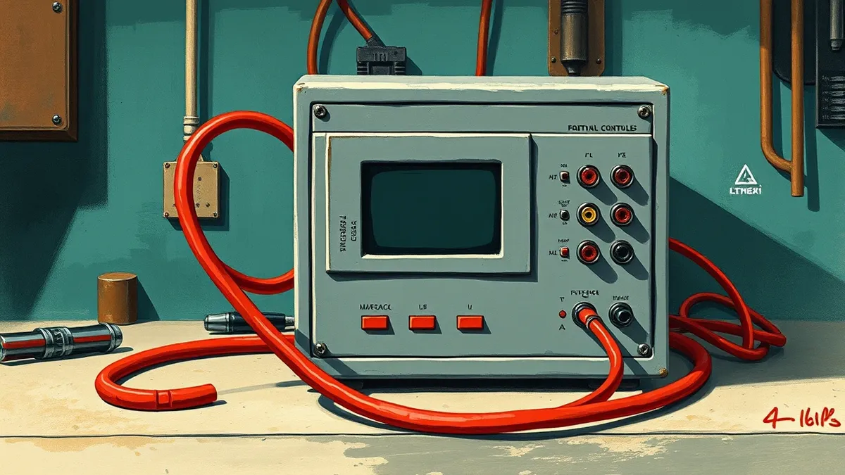 Illustration: A small gray industrial control module sits on a workbench, its front panel featuring a blank digital display and several blank input ports.