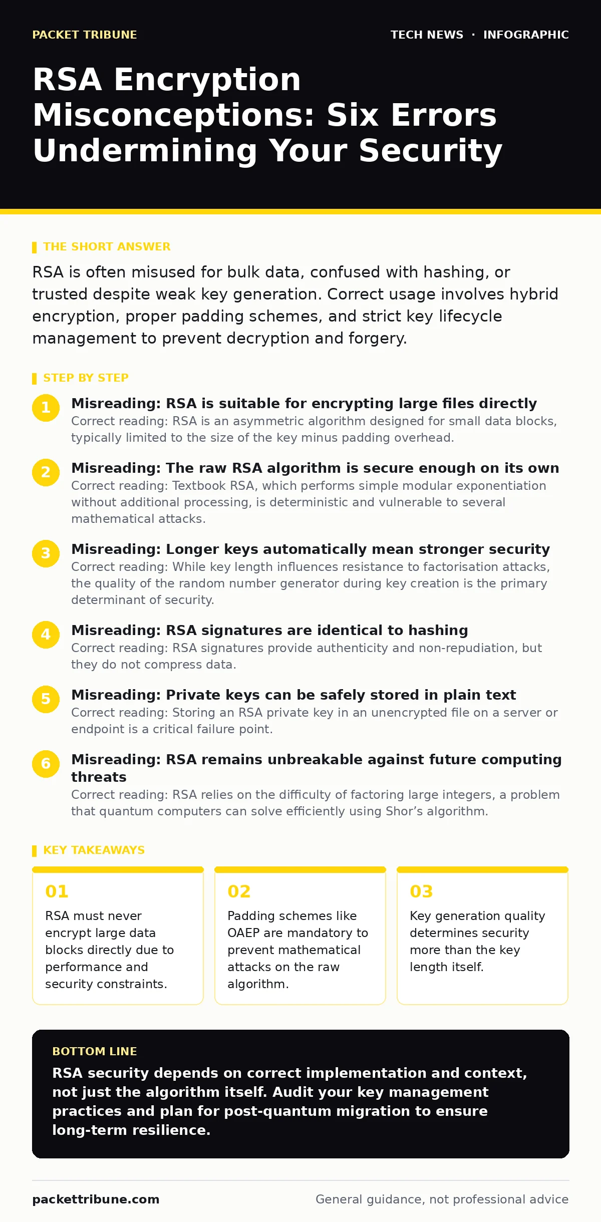 Infographic: RSA Encryption Misconceptions: Six Errors Undermining Your Security. RSA must never encrypt large data blocks directly due to performance and security constraints. Padding schemes like OAEP are mandatory to prevent mathematical attacks on the raw algorithm. Key generation quality determ