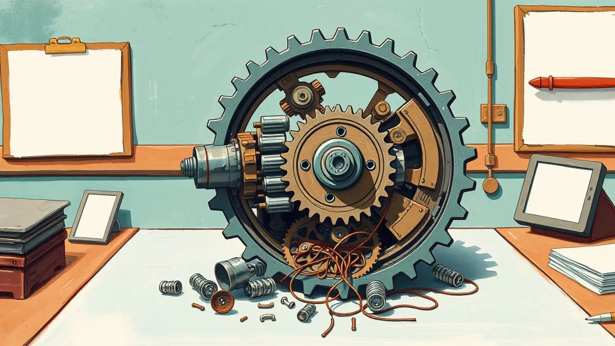 Illustration: A complex, interlocking gear mechanism sits exposed on a clean workbench.