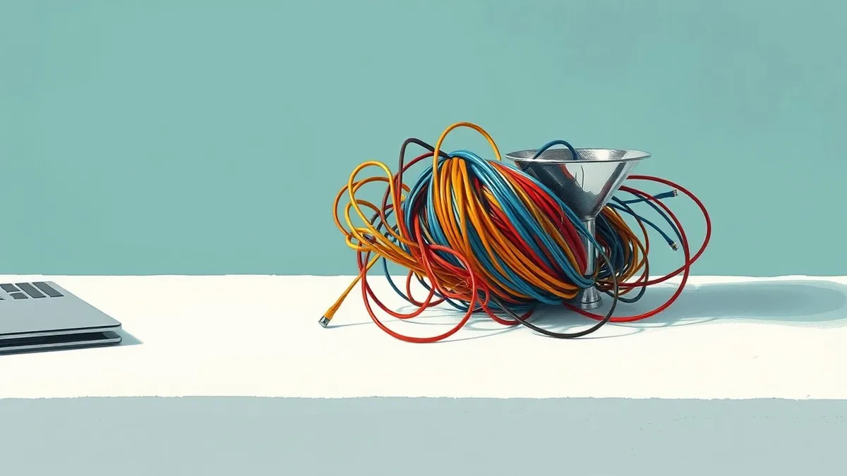 Illustration: A tangled knot of colorful fiber optic cables sits on a clean white desk.