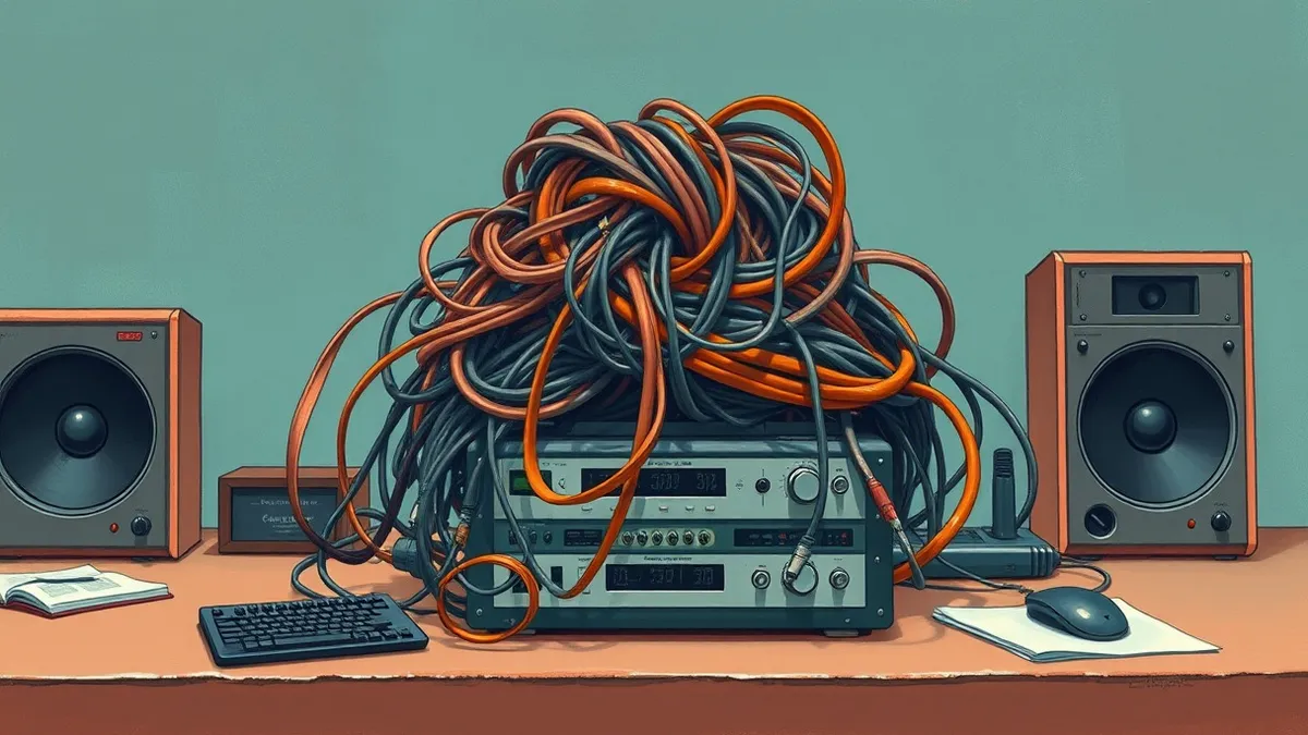 Illustration: A tangled knot of loose cables sits on a clean desk, representing accumulated technical debt.