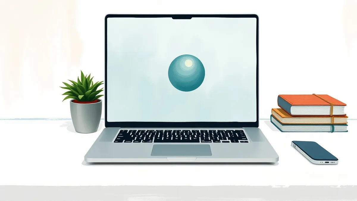 Illustration: A sleek, silver laptop sits on a clean white desk.