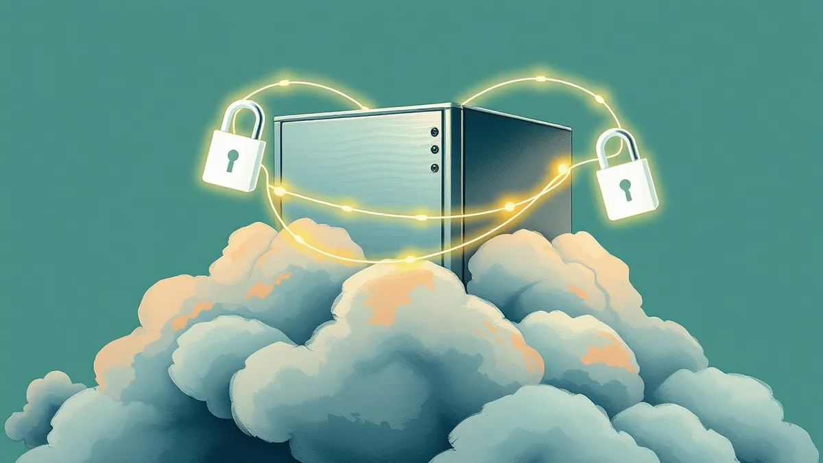 Illustration: A sleek silver server box floats above a stylized cloud formation.