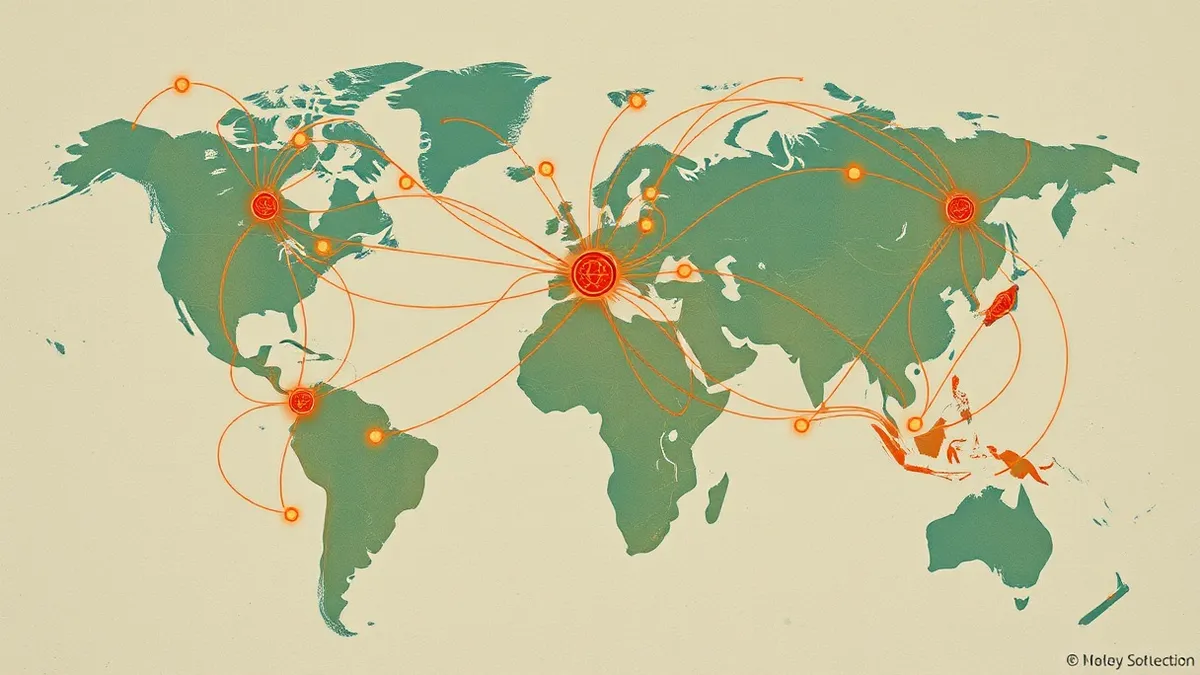 Illustration: A tangled web of colorful threads connects various geographic nodes on a blank map, illustrating the decentralized network.