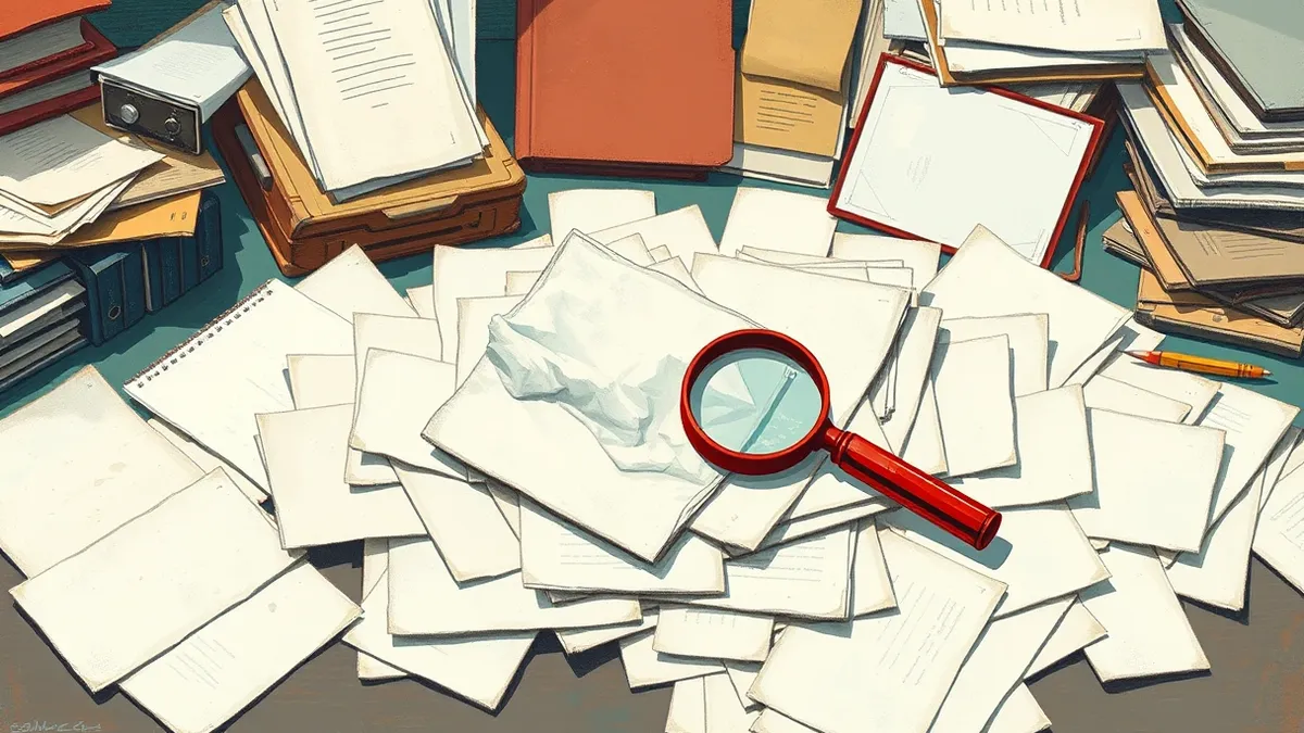 Illustration: A scattered pile of blank white paper sheets lies across a cluttered office desk, some tucked haphazardly into open folders while others drift toward the floor.