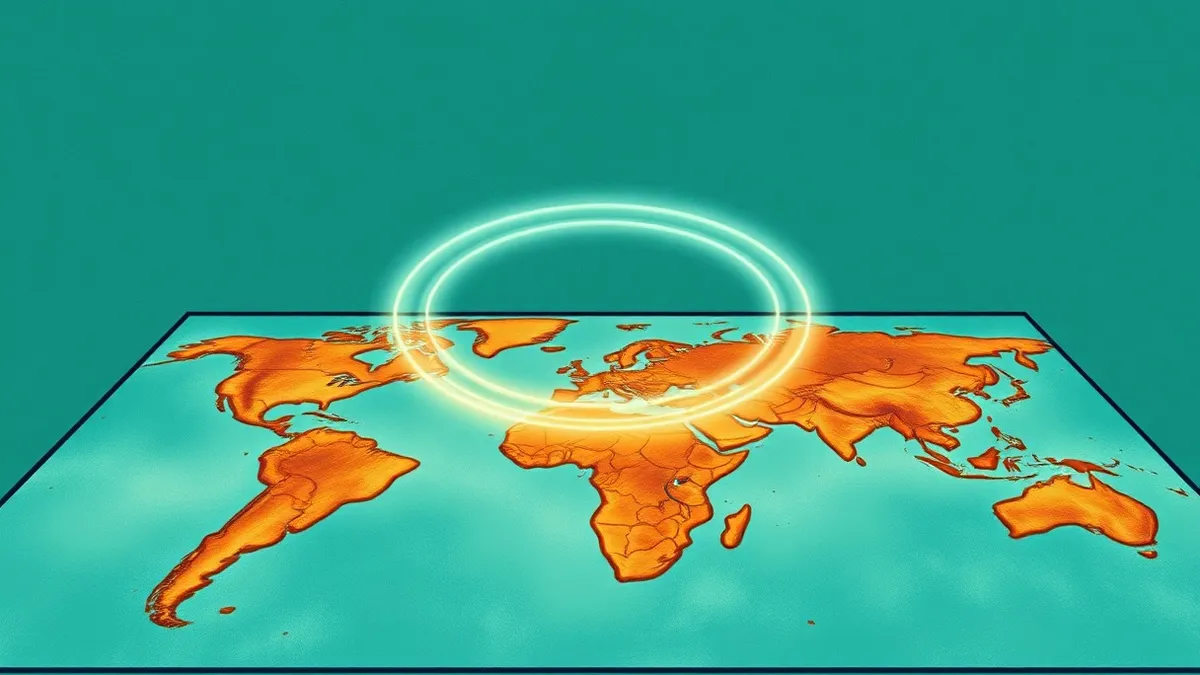 Illustration: A large glass map table glows with soft, expanding rings of light spreading outward from a central point.