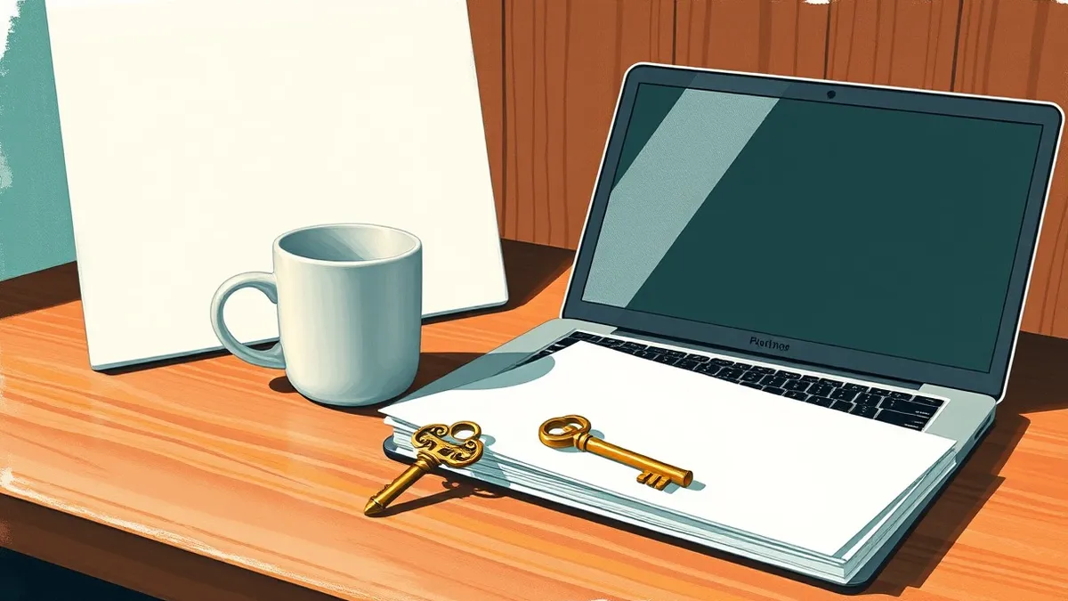 Illustration: A wooden desk holds a white ceramic mug next to a closed laptop computer.
