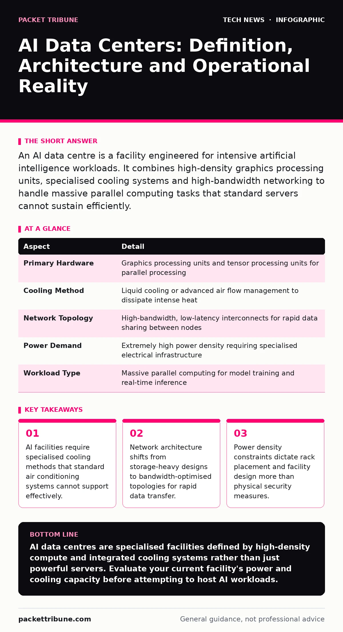 Infographic: AI Data Centers: Definition, Architecture and Operational Reality. AI facilities require specialised cooling methods that standard air conditioning systems cannot support effectively. Network architecture shifts from storage-heavy designs to bandwidth-optimised topologies for rapid data