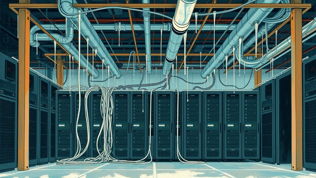 Illustration: A dense row of black compute blades sits inside a raised floor enclosure, connected by thick bundles of white cables.