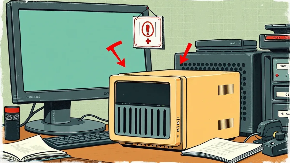 Illustration: A beige desktop NAS unit sits on a cluttered desk next to a blank monitor.