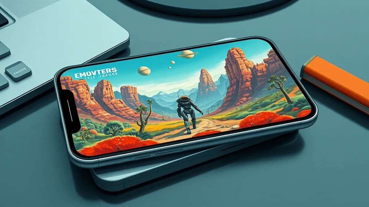 Illustration: A smartphone and tablet rest on a sleek desk, displaying a colorful alien landscape with floating planets and strange flora.