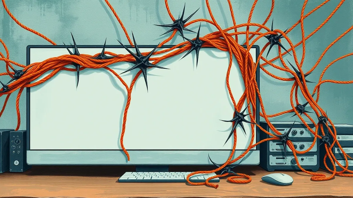 Illustration: A tangled web of colorful threads stretches across a blank monitor.