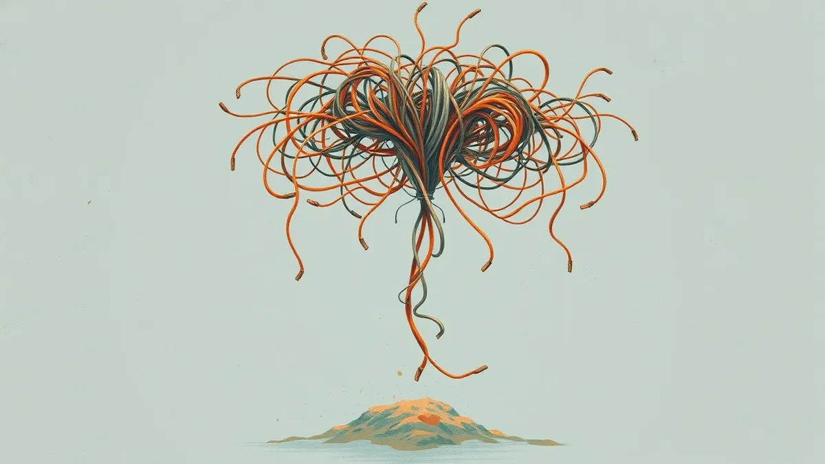Illustration: A tangled mass of digital threads snaps and unravels mid-air against a sterile gray background.