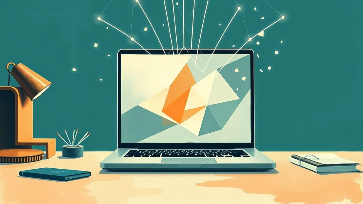 Illustration: A sleek laptop sits on a clean desk, its screen displaying abstract geometric shapes that pulse with soft light.