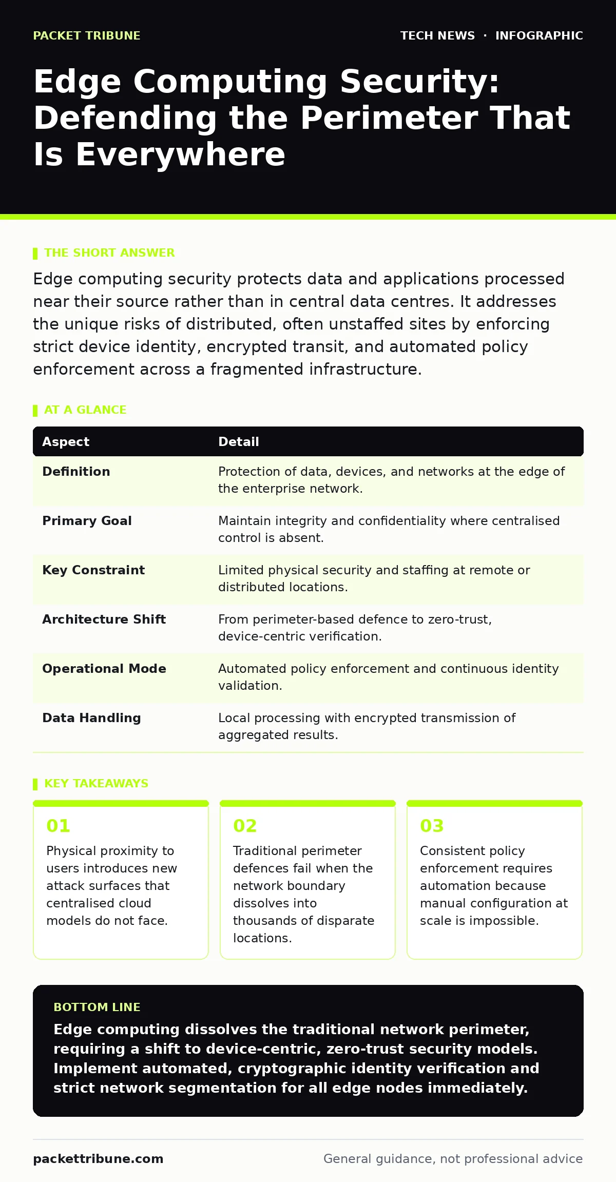Infographic: Edge Computing Security: Defending the Perimeter That Is Everywhere. Physical proximity to users introduces new attack surfaces that centralised cloud models do not face. Traditional perimeter defences fail when the network boundary dissolves into thousands of disparate locations. Consi