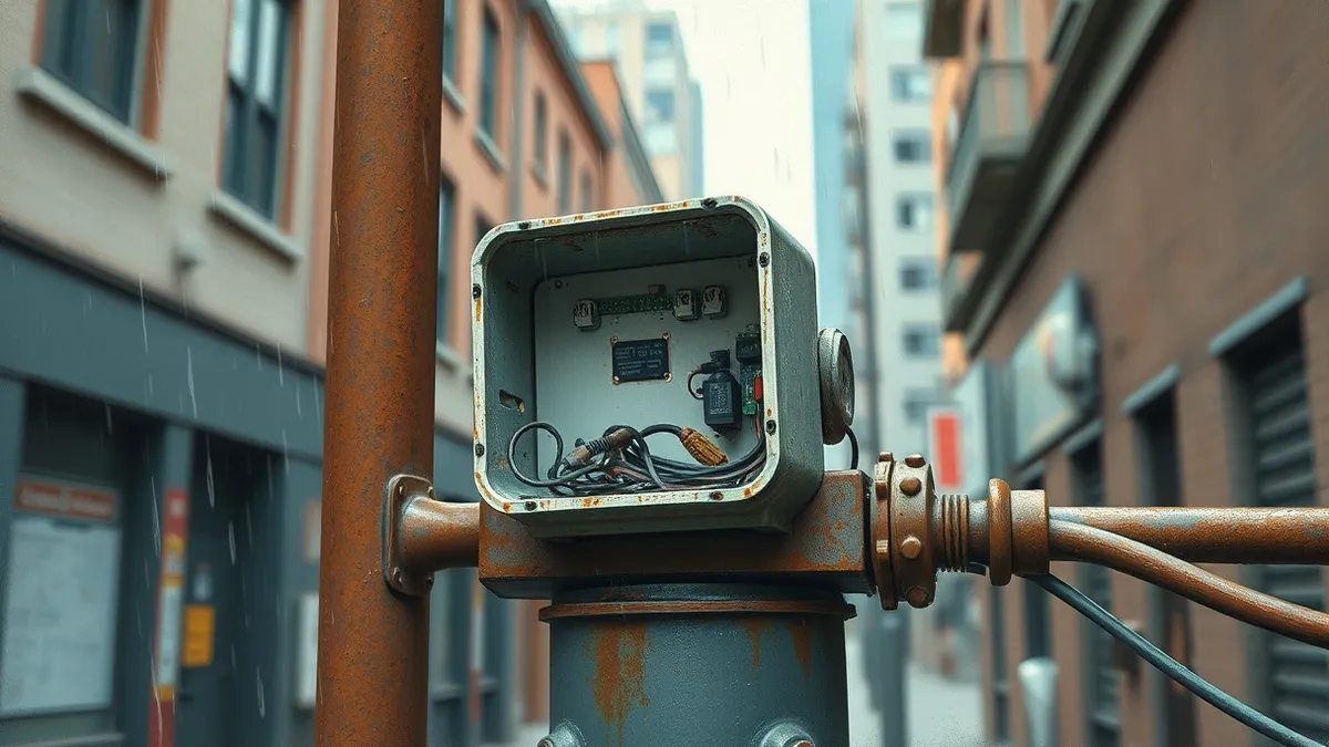 Illustration: A small, ruggedized industrial sensor sits exposed on a rusty metal pole in a busy city alley.