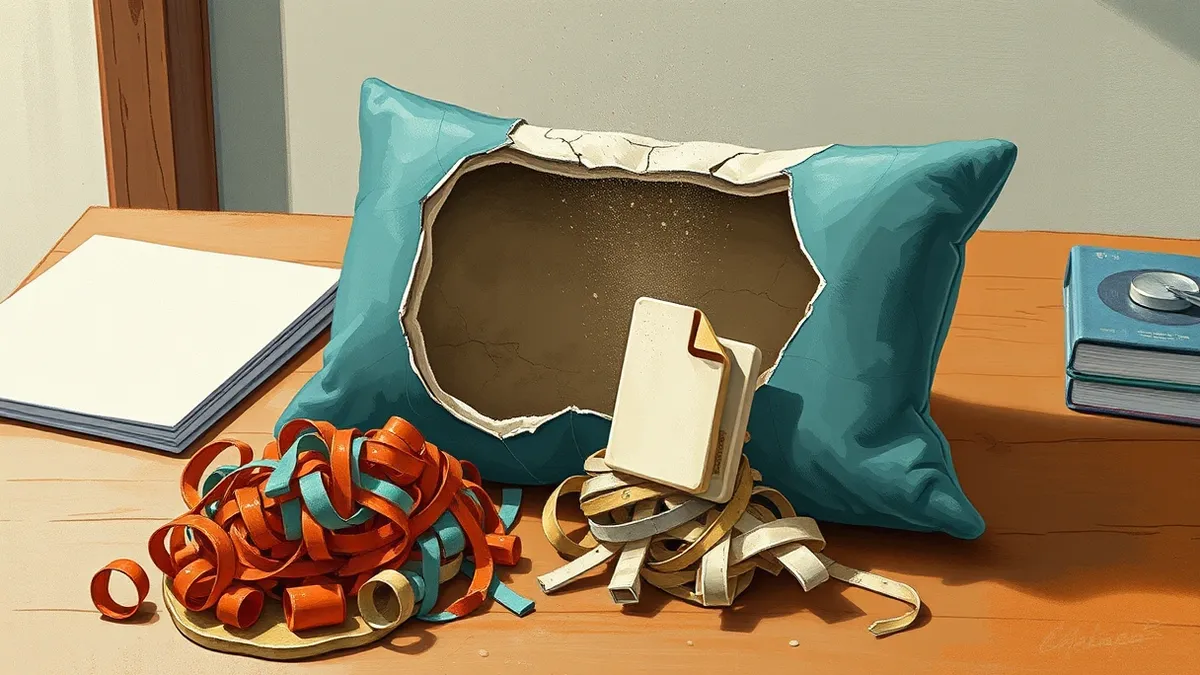 Illustration: A cracked ceramic pillow sits on a wooden desk beside a scattered heap of loose, tangled memory foam strips.
