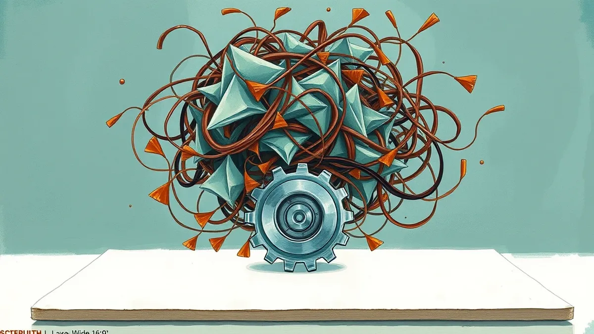Illustration: A tangled knot of translucent, geometric shapes floats above a clean, white surface.
