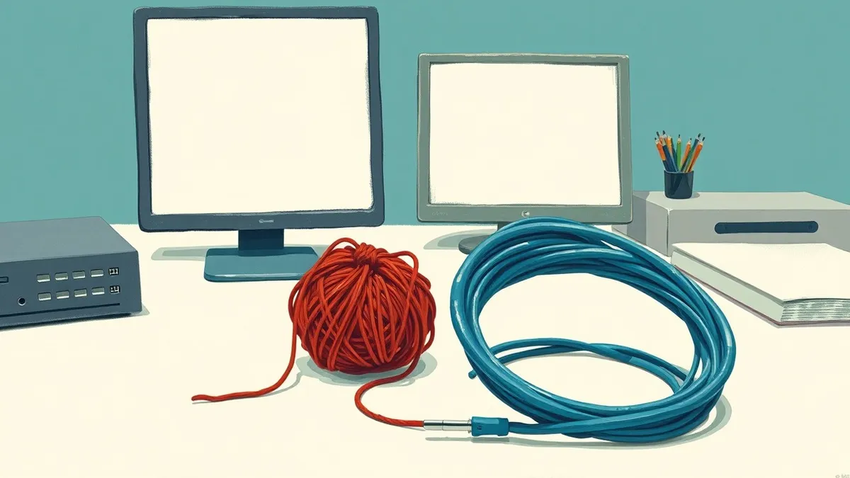 Illustration: A tangled ball of red string rests beside a neat, tightly woven blue cable on a clean white desk, visually representing the balance between security constraints and d