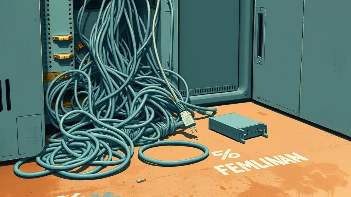 Illustration: A tangled mess of grey server cables spills from an open back panel onto a dusty office floor.